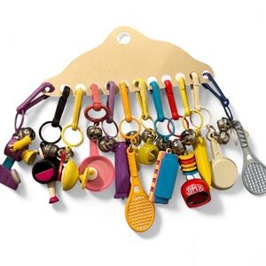 Vintage 80s Plastic Clip On Bell Charm Necklace  12 Charms Assorted Made Taiwan